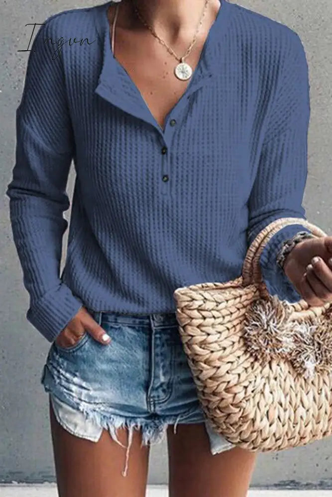Ingvn - Casual Solid Buttons O Neck Tops