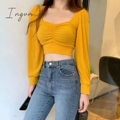 Ingvn - Korean Fashion Knitted Crop top T Shirt Streetwear Vintage Top Women Puff sleeve Basic Tshirt Skinny Sexy Clothes