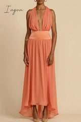 Ingvn - Sexy Vacation Solid Frenulum Backless V Neck Beach Dress Dresses