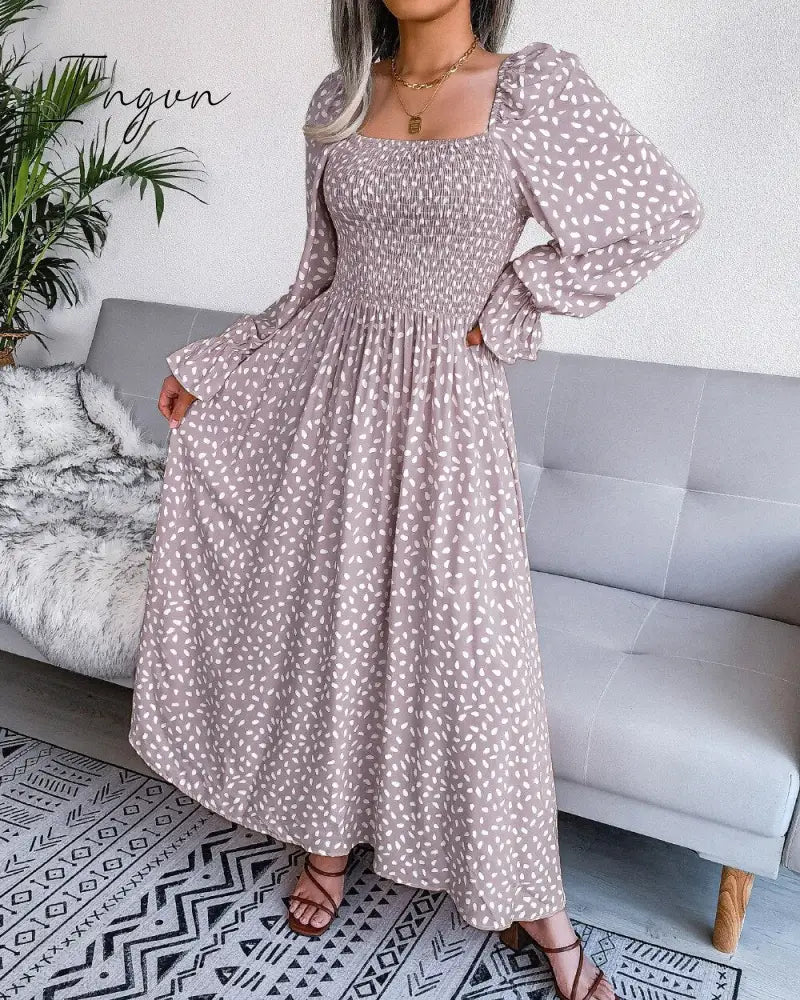 Ingvn - Fashion New Print Square Collar Chiffon Dress Women Elegant Pleated Loose Dress Women Puff Sleeve Party Dresses for Women Robes 18123
