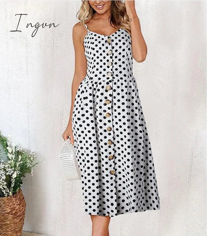 Ingvn - Vintage Casual Sundress Female Beach Dress Midi Button Backless Polka Dot Striped Women Dress Summer Boho Sexy Floral Dress