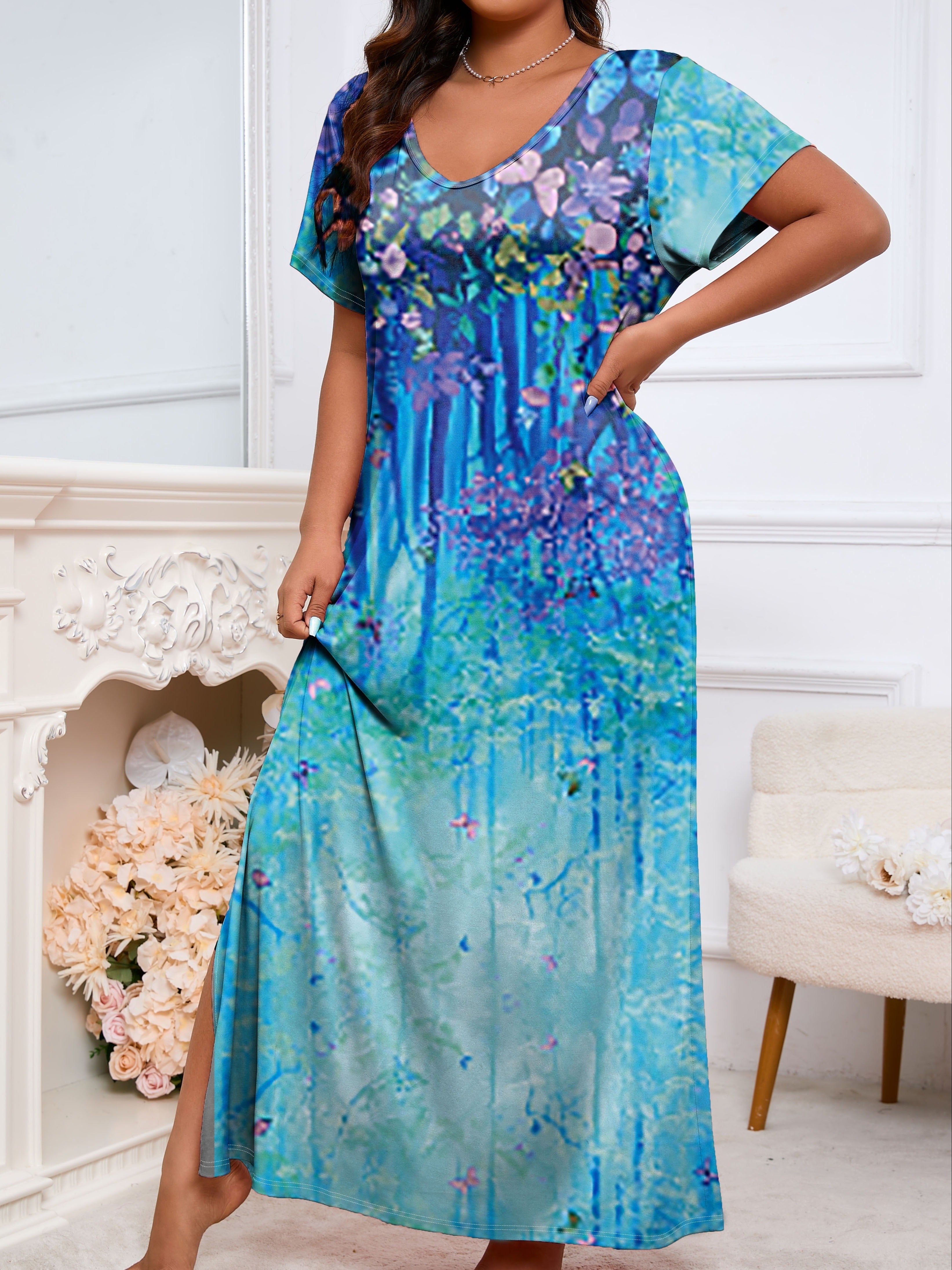 Plus Size Elegant Night Dress - Soft Slight Stretch Polyester V Neck Short Sleeve Split Design with Random Butterfly & Floral Print - Comfortable All-Season Knit Fabric Home Wear