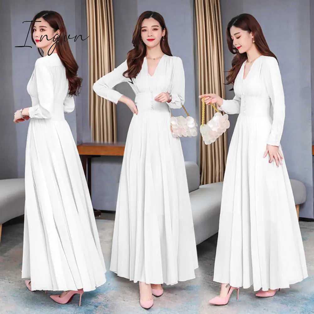 Ingvn - Vintage Elegant Solid Women's Party Chiffon High Quality V-Neck Slim Female Long Sleeve Autumn Vestidos Long Dresses Robe