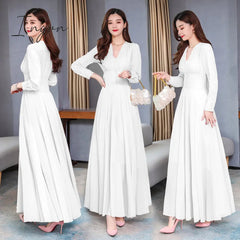 Ingvn - Vintage Elegant Solid Women's Party Chiffon High Quality V-Neck Slim Female Long Sleeve Autumn Vestidos Long Dresses Robe