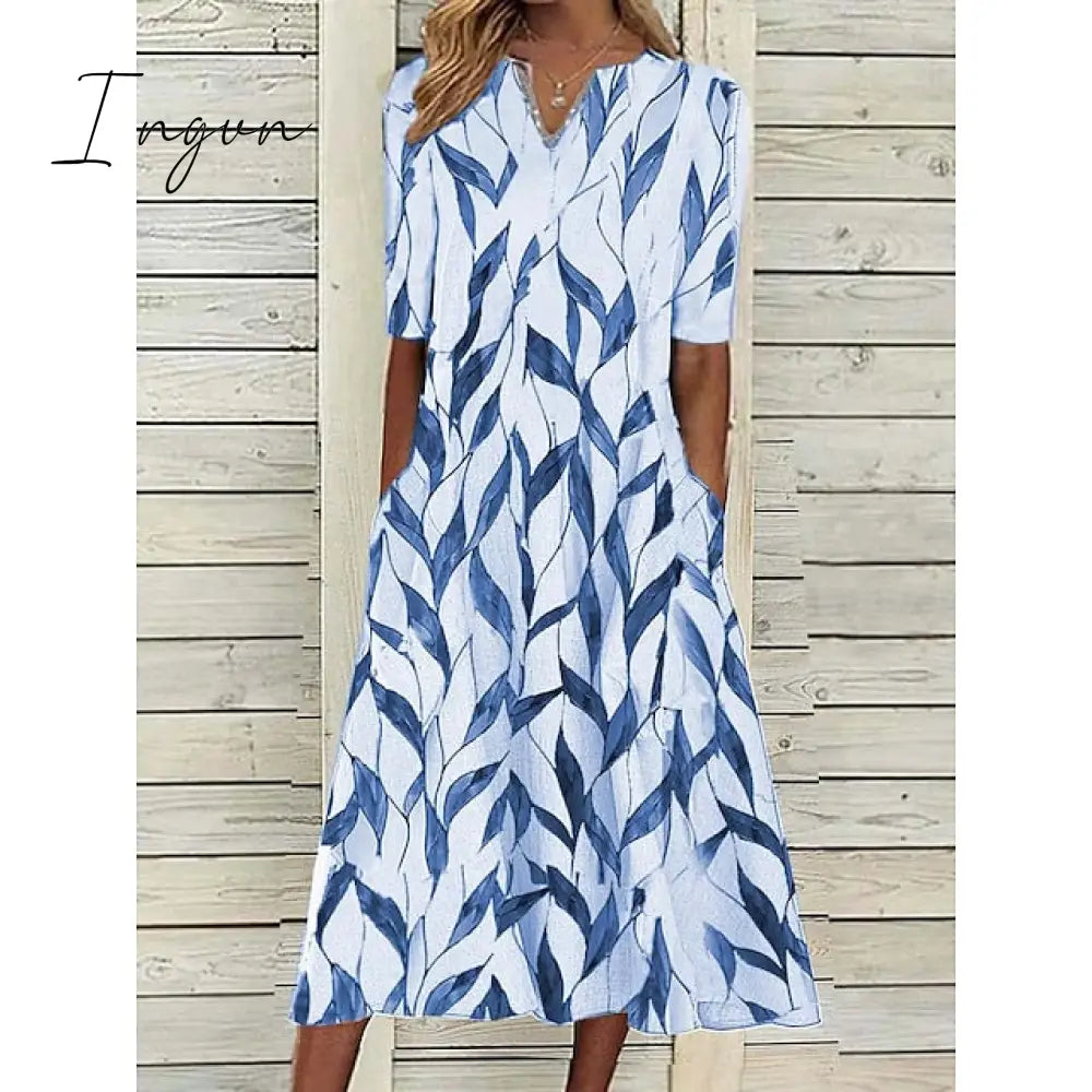 Ingvn - Women's Casual Dress Shift Dress Midi Dress White Blue Half Sleeve Leaf Print Summer Spring V Neck Classic Vacation 2023 S M L XL XXL 3XL