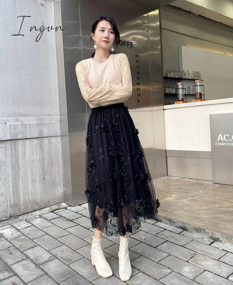 Ingvn - Luxury Woman Skirts Korean style Fashion Elastic Waist Appliques Embroidery Floral Mesh Skirt Long Gauze Ball Gown Skirt