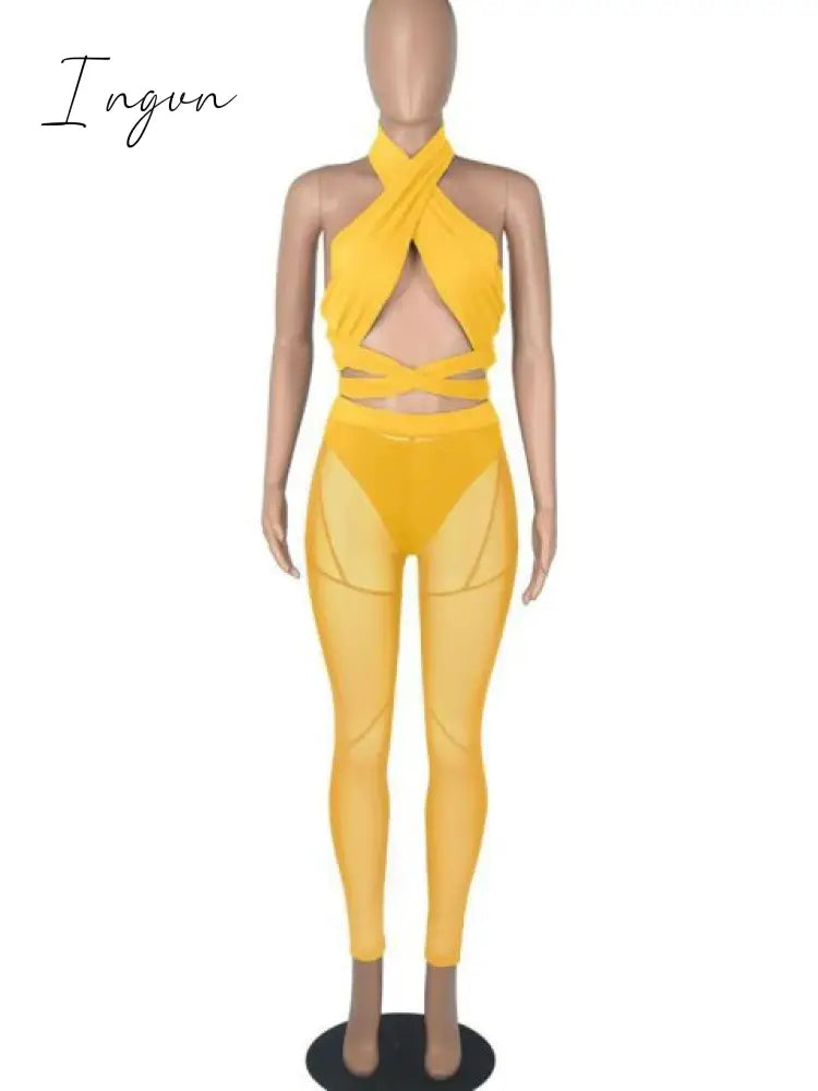 Ingvn - Sexy Mesh Sheer Spliced Two Piece Set Tracksuit Women Bodysuit Pants Summer Clothes Vacation Club Outfits Matching Sets