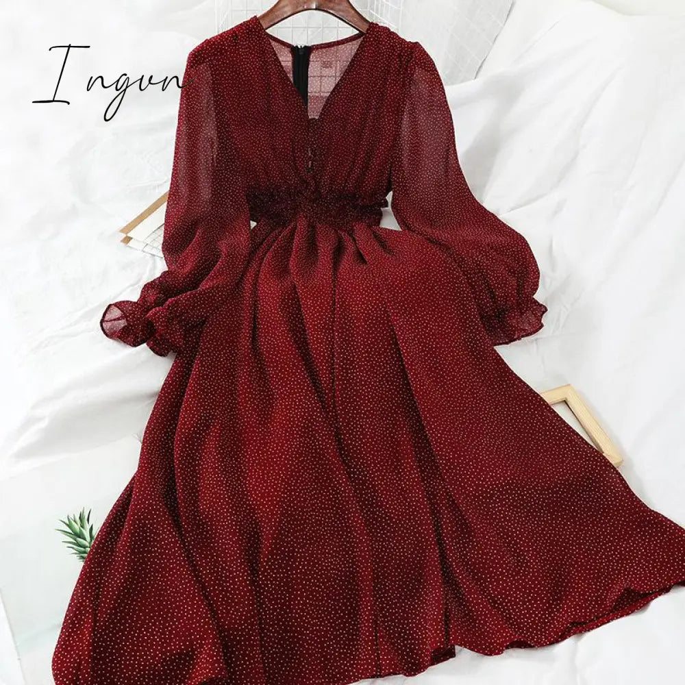 Ingvn - New Autumn V Neck Polka Dot Slim Chiffon Dress Button Puff Sleeve High Waist Elegant Women Mid-calf Dress
