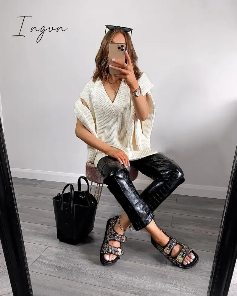 Ingvn - Women V Neck Sweater Vest Korean Preppy Style Solid Knitted Sleeveless Sweater Female Autumn Winter Casual Loose Pullover Jumper
