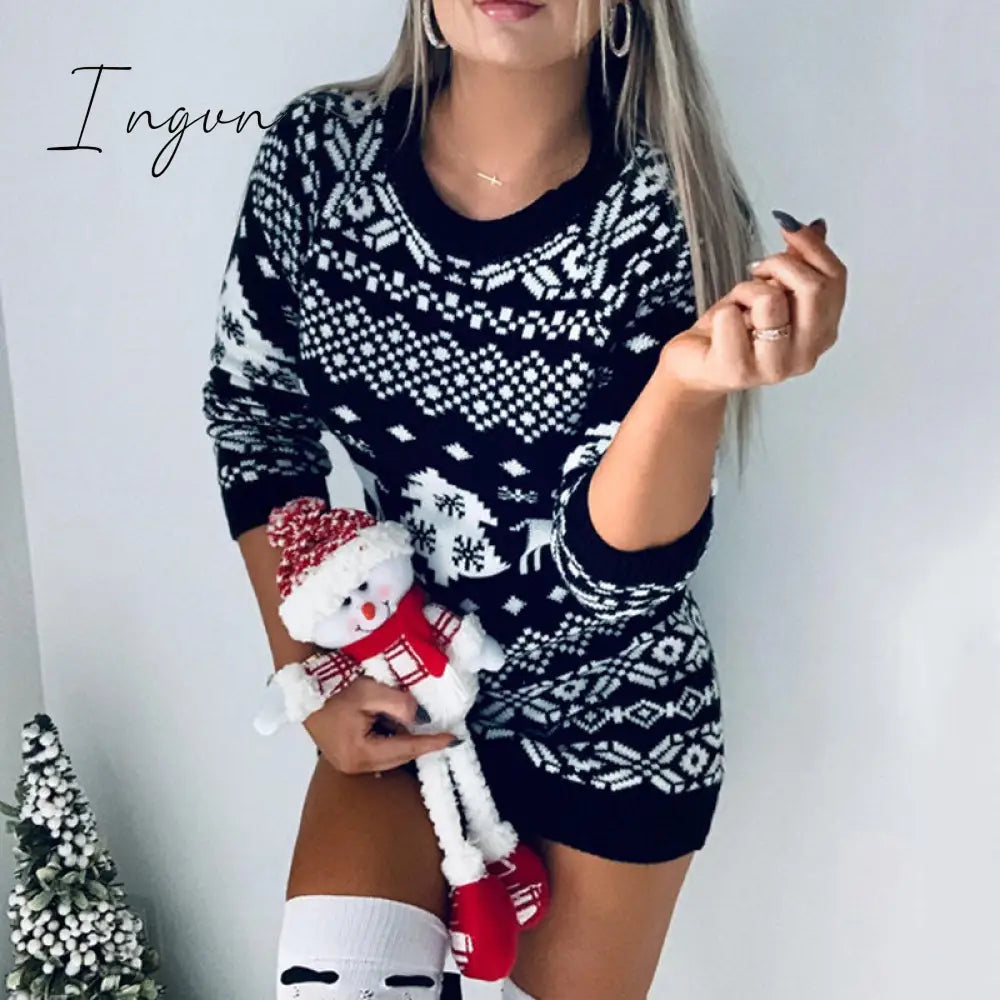 Ingvn - Fashion Autumn Winter Long Sleeve Loose Christmas Dresses Ladies Christmas Print A-line Mini Dress tops New Women