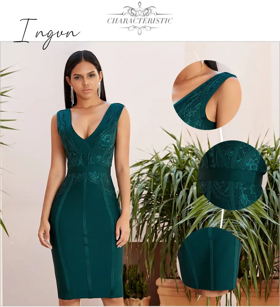 Ingvn - New Summer Tank Bodycon Bandage Dress Women Sexy Sleeveless Lace Green Club Celebrity Evening Party Dresses Vestidos