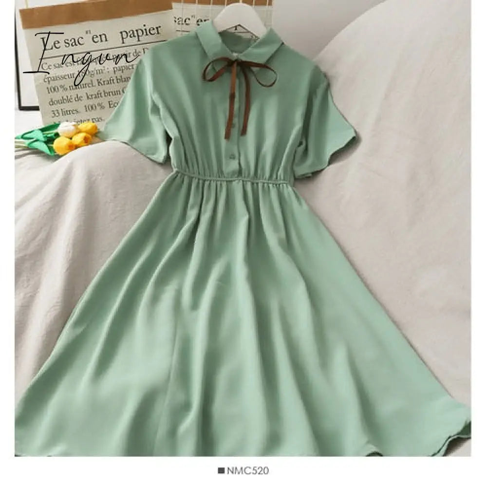 Ingvn - Dress Women Chiffon Bow Solid High Waist Turn-down Collar Preppy Style Kawaii Ulzzang Popular Temperament Girls Summer Holiday