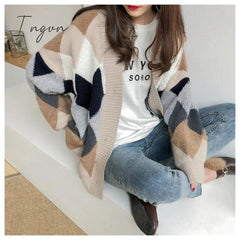 Ingvn - Womens Fashion Spring Winter Women's Plaid Plus Velvet Warm Knitted Sweaters Cardigans Long Sleeve Checkered Coat Oversize Sweater Jackets