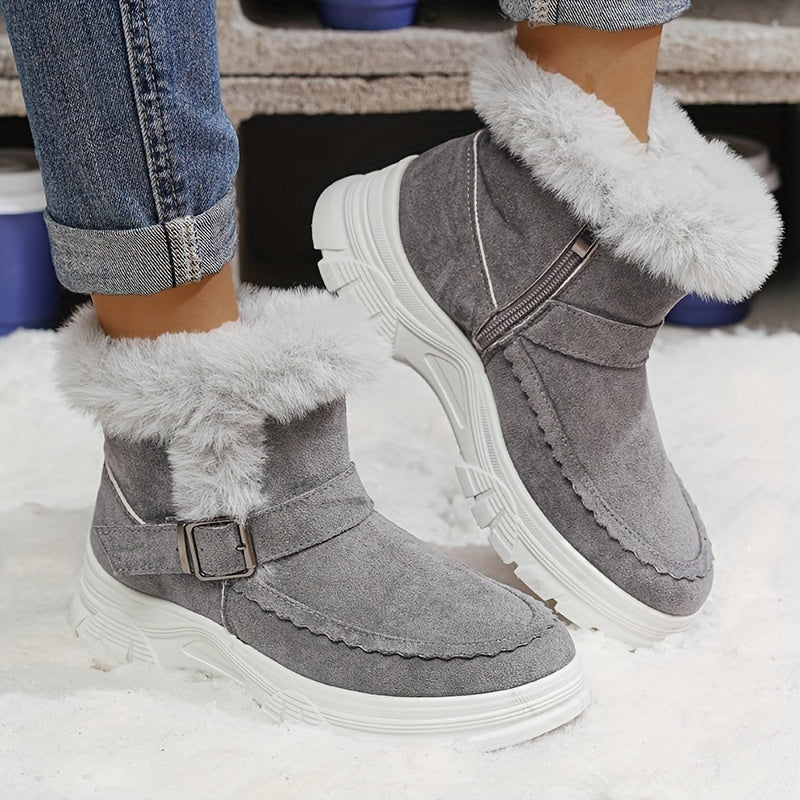 Cozy Winter Women's Snow Boots - Thick, Warm Plush Lining with Anti-Slip Sole, Round Toe Zipper Design, Fashionable Flat Heel