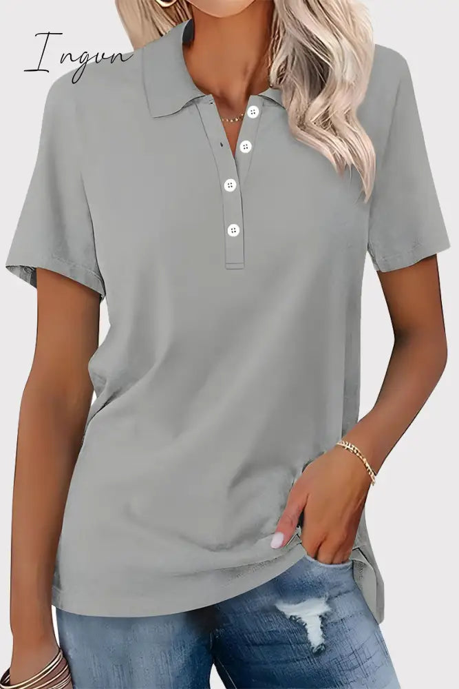 Ingvn - Casual Simplicity Solid Buckle Turndown Collar T-Shirts