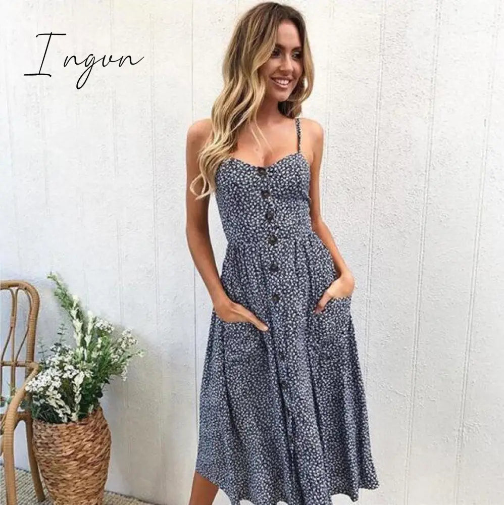 Ingvn - Vintage Casual Sundress Female Beach Dress Midi Button Backless Polka Dot Striped Women Dress Summer Boho Sexy Floral Dress