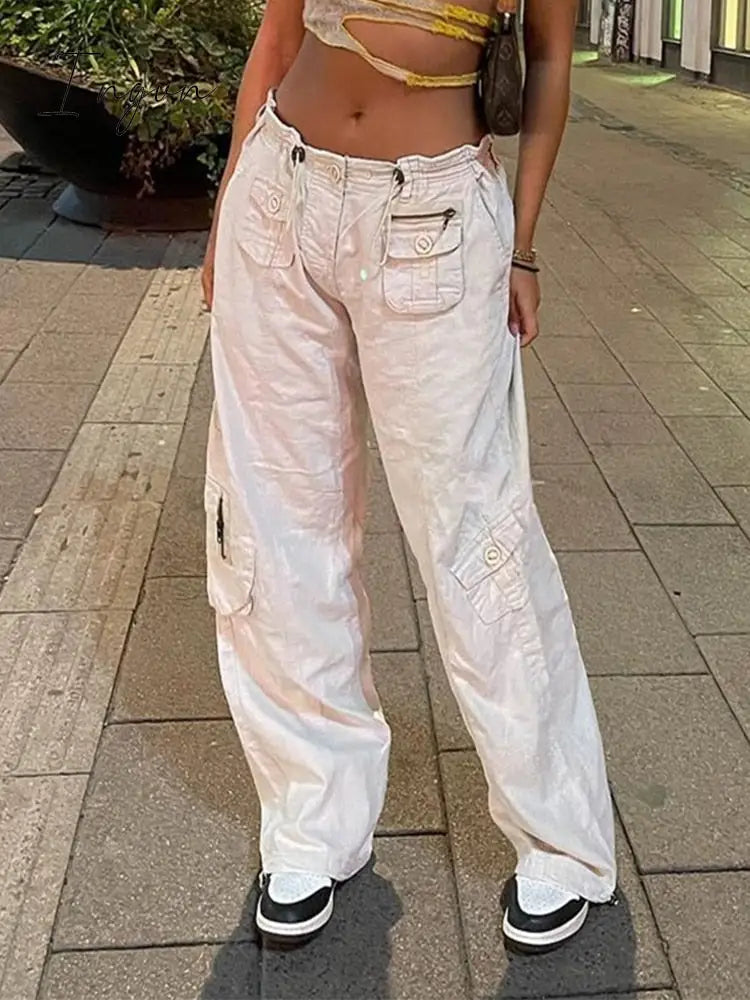 Ingvn - Women Spring Fashion Multi Pockets White Cargo Pants Women Adjustable Low Waist Baggy Wide Leg Jeans Oversized Casual Trousers Retro Bottoms Iamhotty