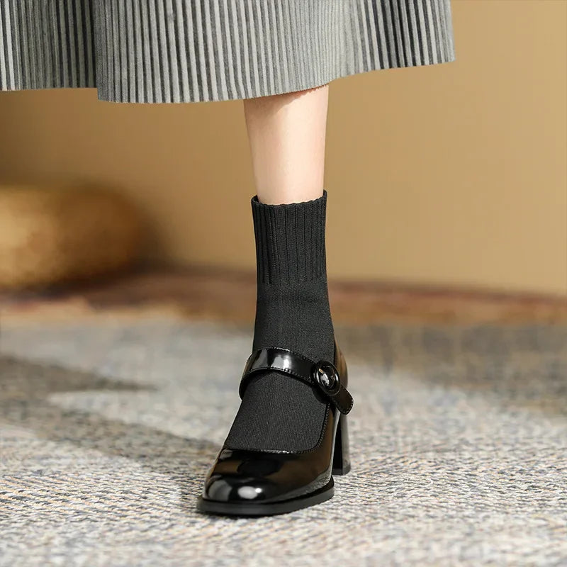 Ingvn  Autumn Winter Women Knit Sock Boots Fashion Slip On Square Heels Shoes Vintage Ladies Stretch Short Booties