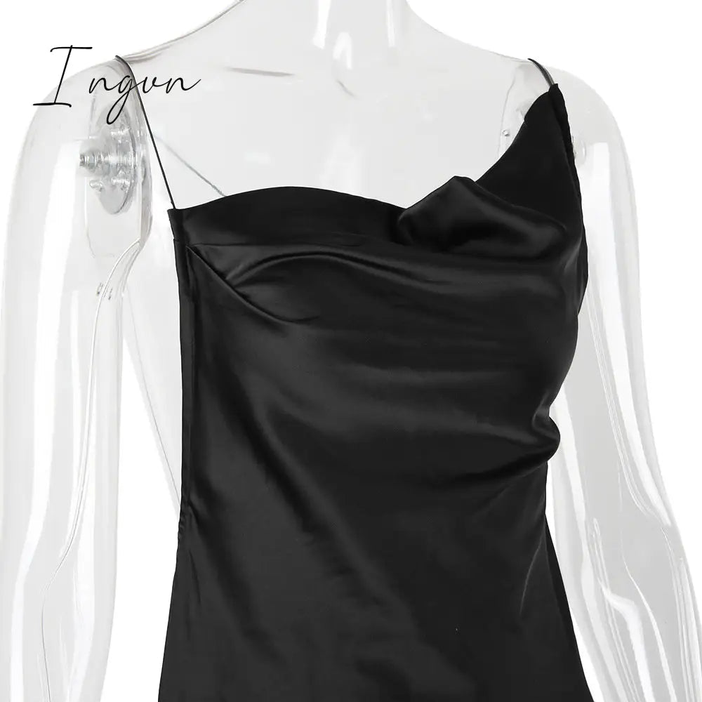 Ingvn - Satin Sexy Backless Slit Women Dress Green Spaghetti Strap Hollow Out Dresses Women Summer Skinny Fashion Party Clubwear