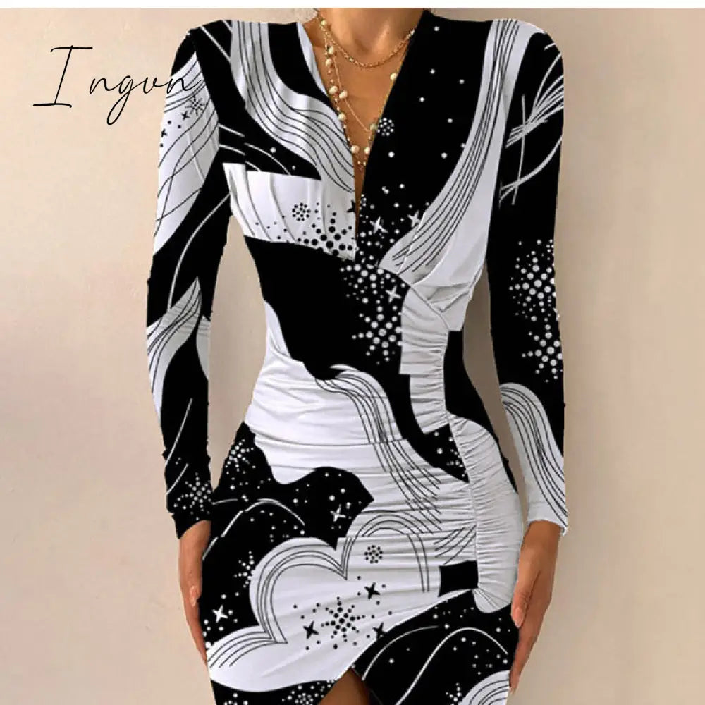 Ingvn - Women's Spring Sexy Package Hips Long-sleeve V-neck Printed Slit Dress Clothing Summer Black Bodycon Dresses For Women Party