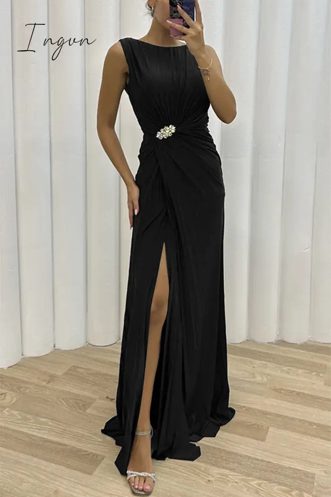 Ingvn - Elegant Formal Solid Slit Fold O Neck Evening Dress Dresses
