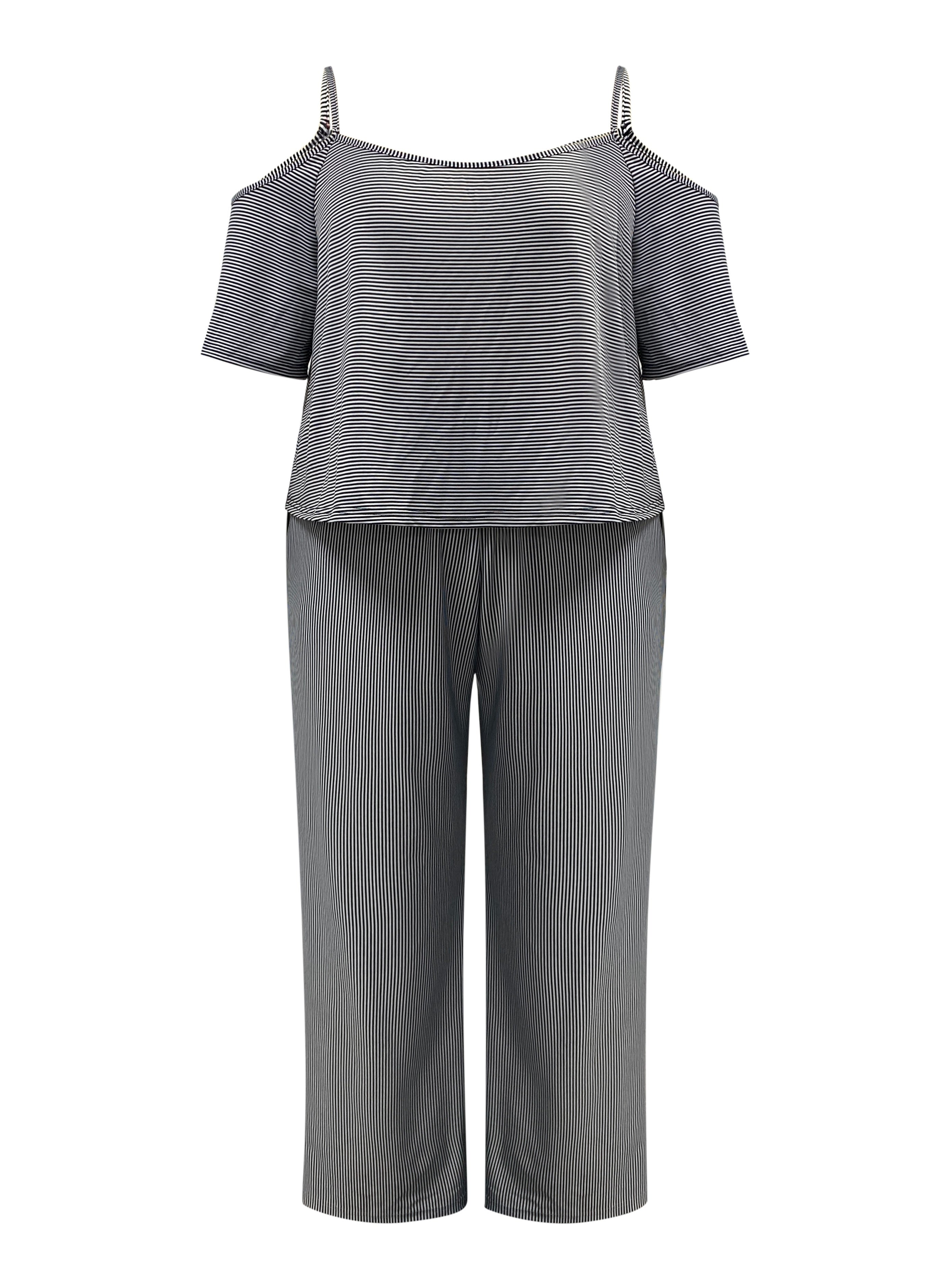 Plus Size Casual Outfits Two Piece Set, Women's Plus Stripe Print Cold Shoulder Top & Wide Leg Pants With Pockets Outfits 2 Piece Set