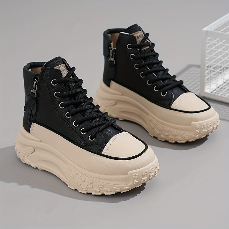 Plus Size Women's Comfortable High-Top Sneakers, Casual Lace Up Outdoor Shoes with Side Zipper