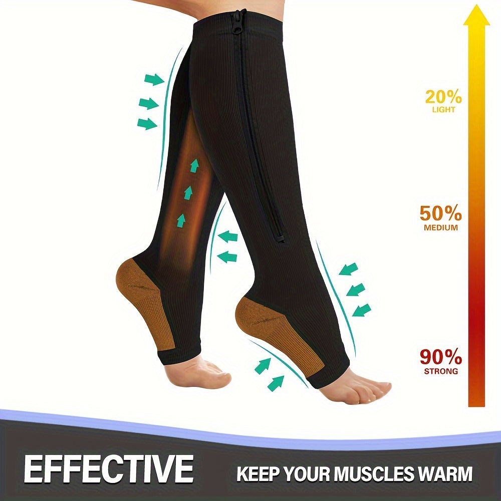 2 Pairs Compression Socks For Running, And Athletics - Open Toe, Zipper Closure, Thermal