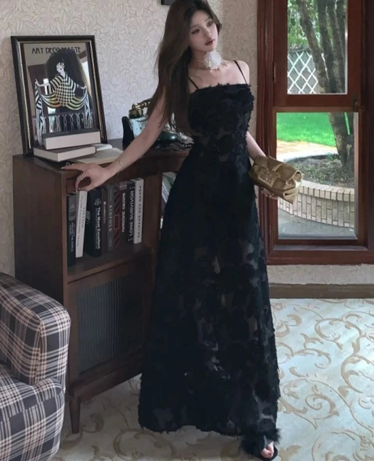 Vintage Luxury Black Long Dress Women Sexy Spaghetti Straps Wedding Evening Party Robe Summer Ladies Runway Bridesmaid Clothes