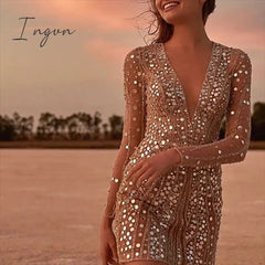 Ingvn - Sequined Mini Dress Deep V Neck Luxury Shiny Long Sleeve Women Sexy Elegant Party Clubwear Evening Bodycon Dress For Women Robe