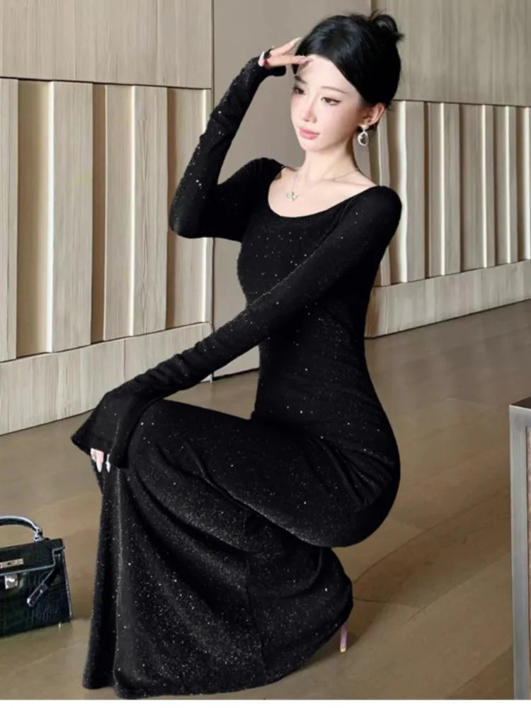 Women's Dress Suits Slash Neck Off Shoulder Spaghetti Straps Party Dresses +  Long Sleeve Bright Silk Mesh Smock Two Pieces Set