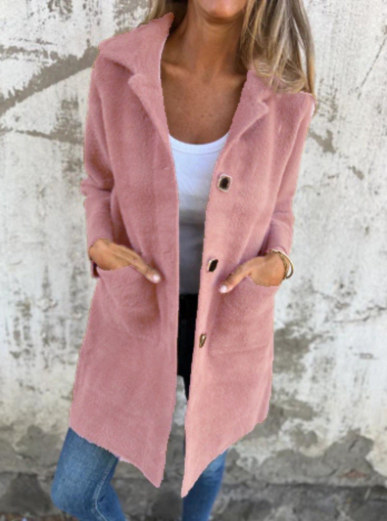 Autumn and winter single-breasted solid color lapel pocket double-sided cashmere mid-length coat for women