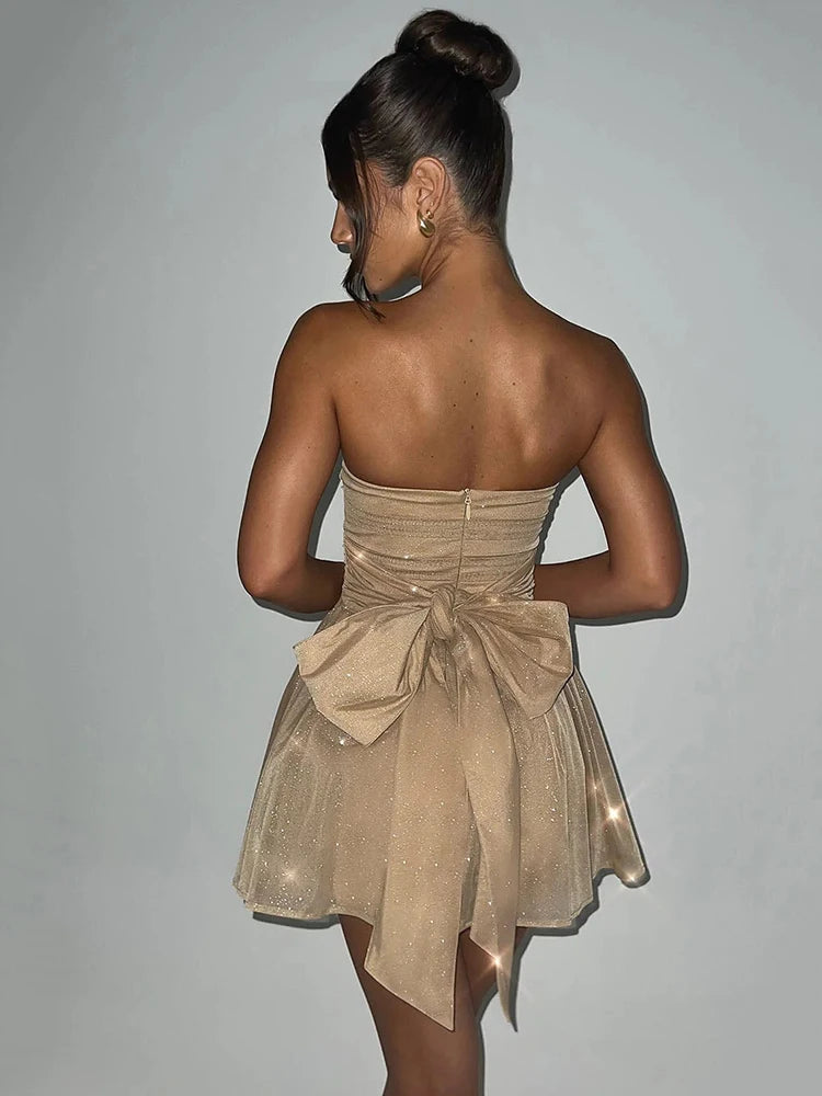 Mesh Strapless Sparkle Sexy Mini Dress For Women Fashion Backless Bow Pleated Dresses Ladies Club Party Dress Elegant