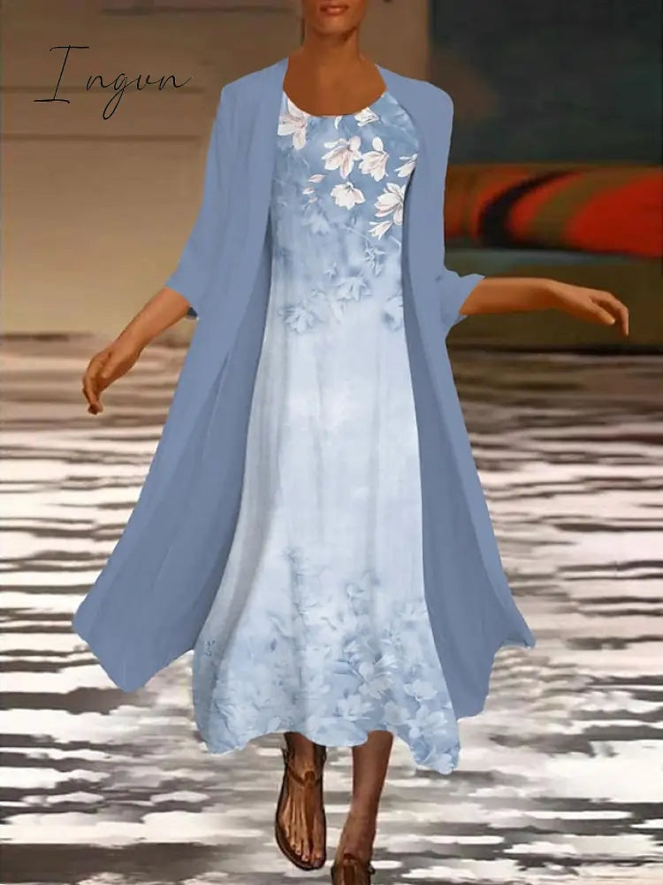 Ingvn - Women‘s Dress Set Two Piece Dress Midi Dress Green Blue Purple Pink White Long Sleeve Floral Ruched Print Summer Spring Fall Crew Neck Elegant Casual Classic 2023 S M L XL XXL 3XL / Summer Dress