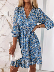 Floral Print Shirred Waist Dress, Casual V Neck Dress For Spring & Summer, Women's Clothing