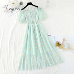 Ingvn - small daisies embroidery mesh dresses women sexy off the shoulder french vintage party ruffle dresses elegant vestidos