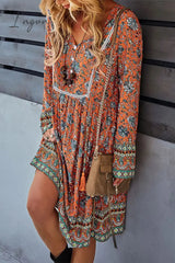 Ingvn - Bohemian Print V-Neck Knee Length Dress