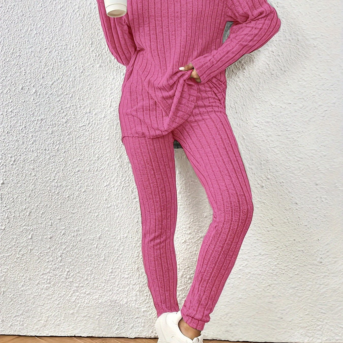 Two-Piece Pants Set - Elegant Solid Color Long Sleeve Crew Neck T-Shirt and Skinny High Waist Pants Outfit for Women - Polyester Knit Fabric, Mid Elasticity, Spring/Fall Season, No Printing, No Sheer
