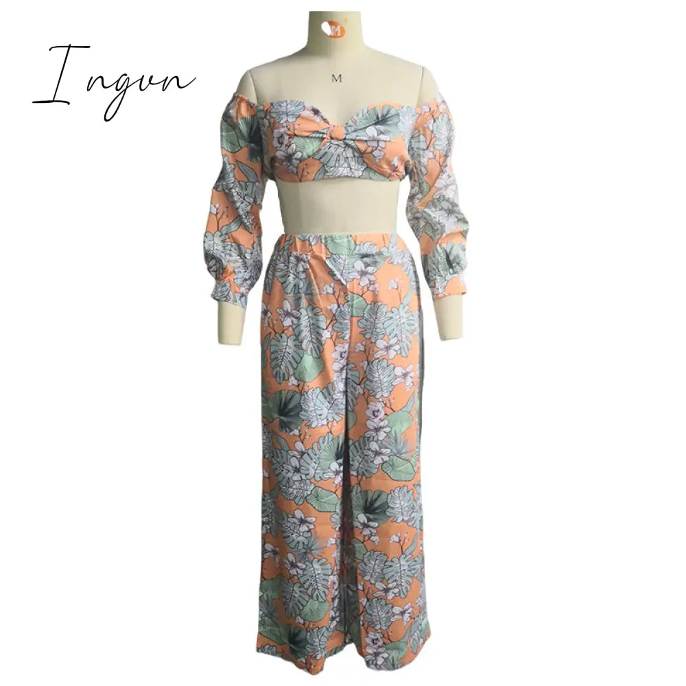 Ingvn - Women Fashion Two Piece Sets Print  Suits Summer Beach Streetwear Autumn 2 Piece SetsTops +Elegant Long Pants