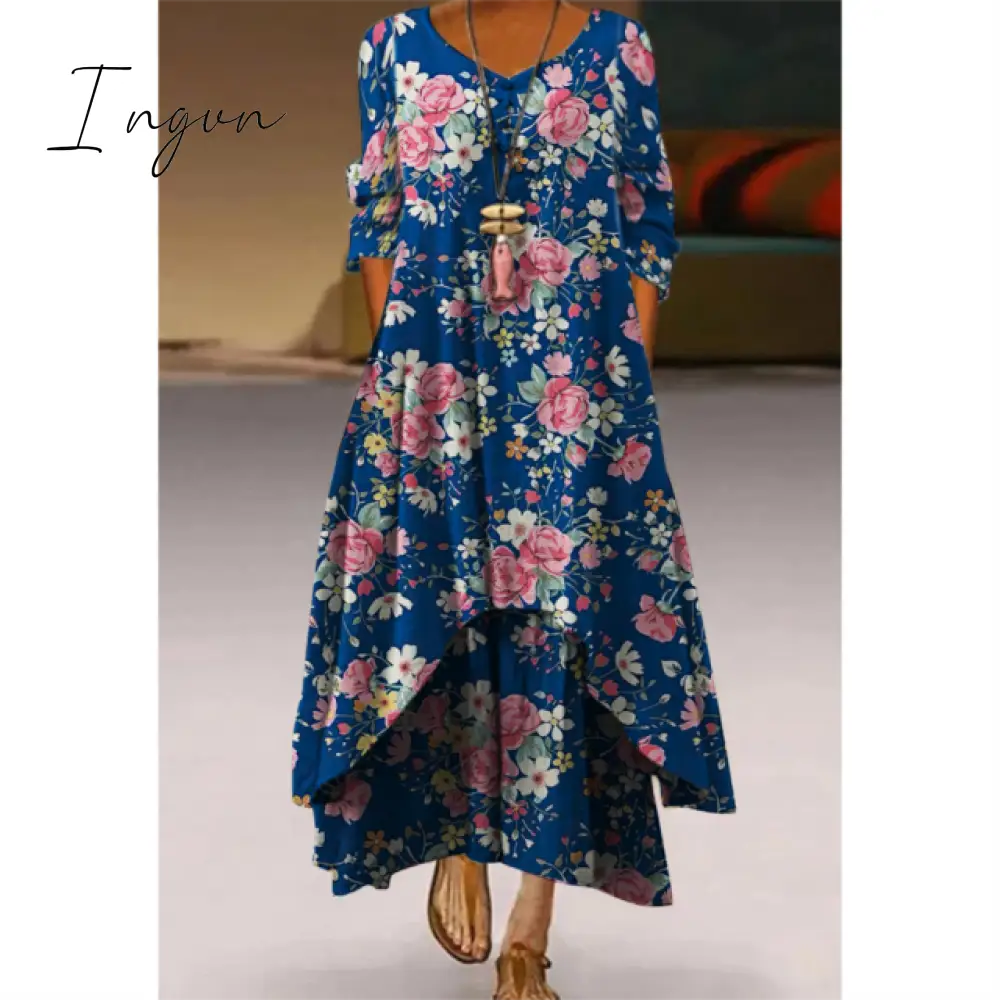 Ingvn - Fashion Summer Maxi Dress Women's Printed Sundress Casual Short Sleeve Vestidos Female High Waist Robe Femme midi elbise