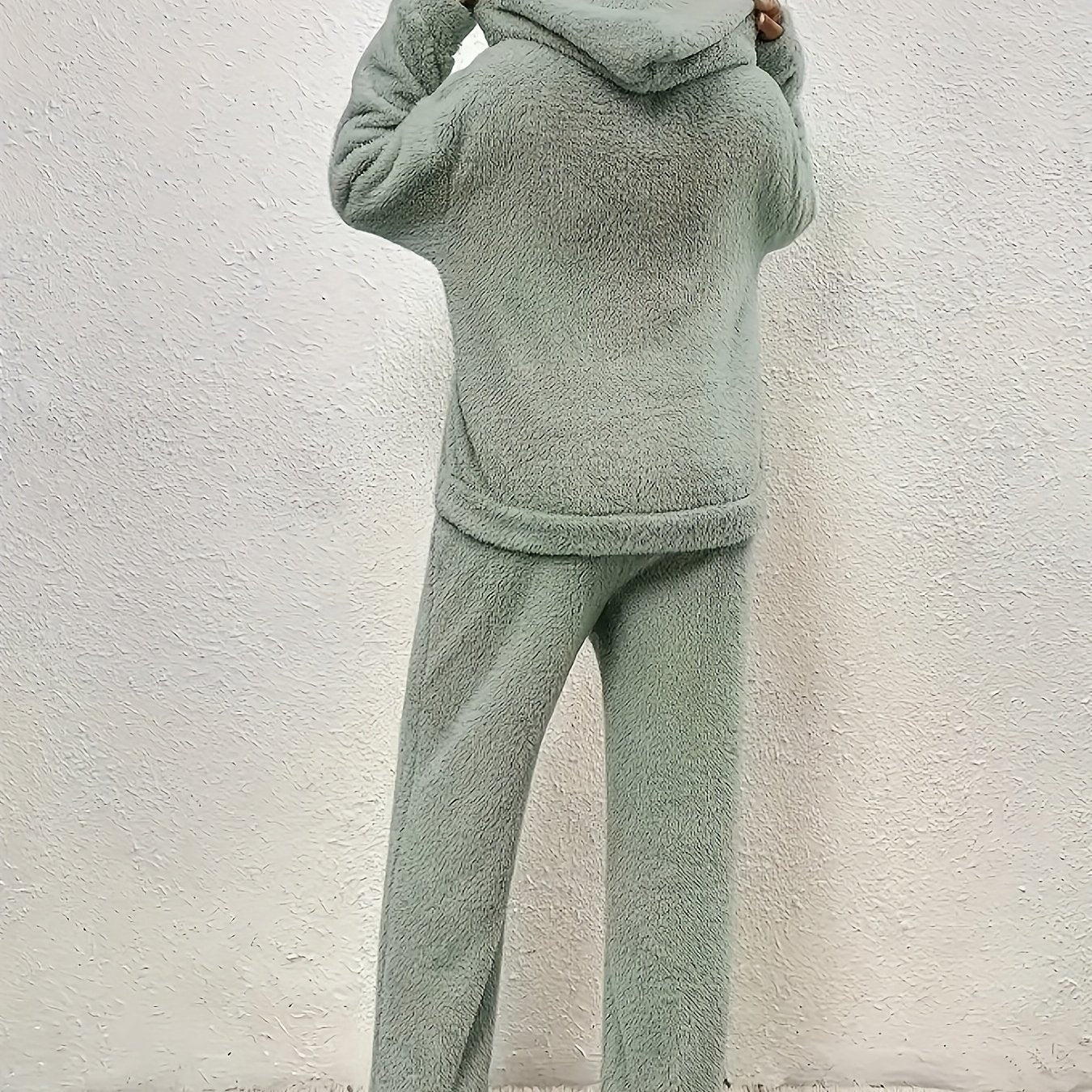 Solid Teddy Two-piece Set, Long Sleeve Kangaroo Pocket Hooded Tops & Long Length Warm Pants Outfits, Women's Clothing