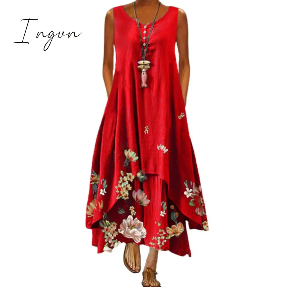 Ingvn - Summer Dress Plus Size Floral Print Irregular Hem Women Buttons Round Neck Dress Women's Clothing Sleeveless Beach Maxi Dresses
