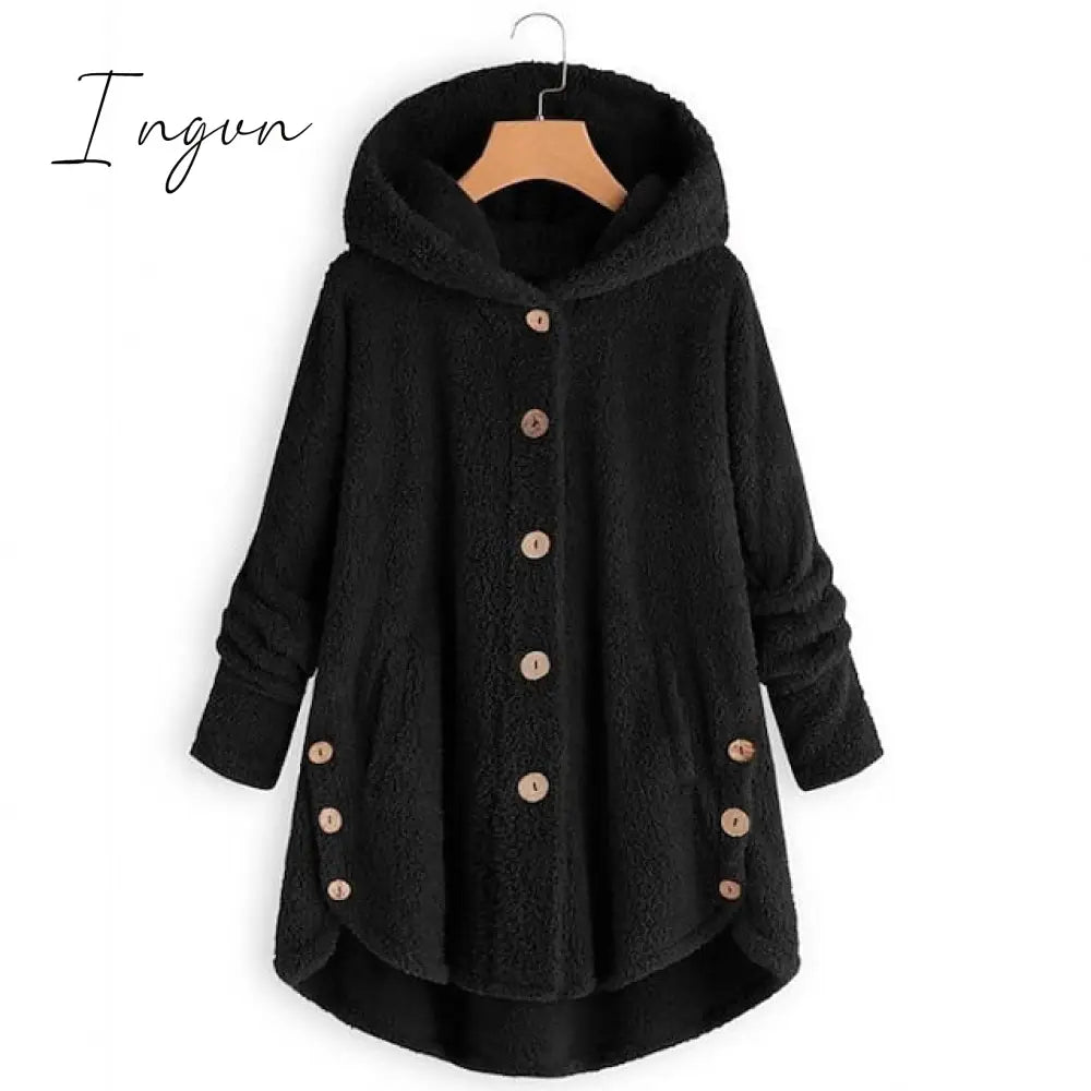 Ingvn - Women's Fleece Jacket Pullover Sherpa Fleece Teddy Button Front Pocket claret turmeric Black Solid Color Street Hoodie Plus Size Long Sleeve Fleece