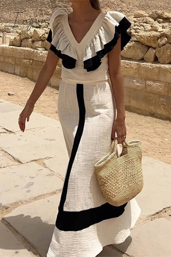 Elegant Solid Patchwork Flounce Fold V Neck Sleeveless Two Pieces