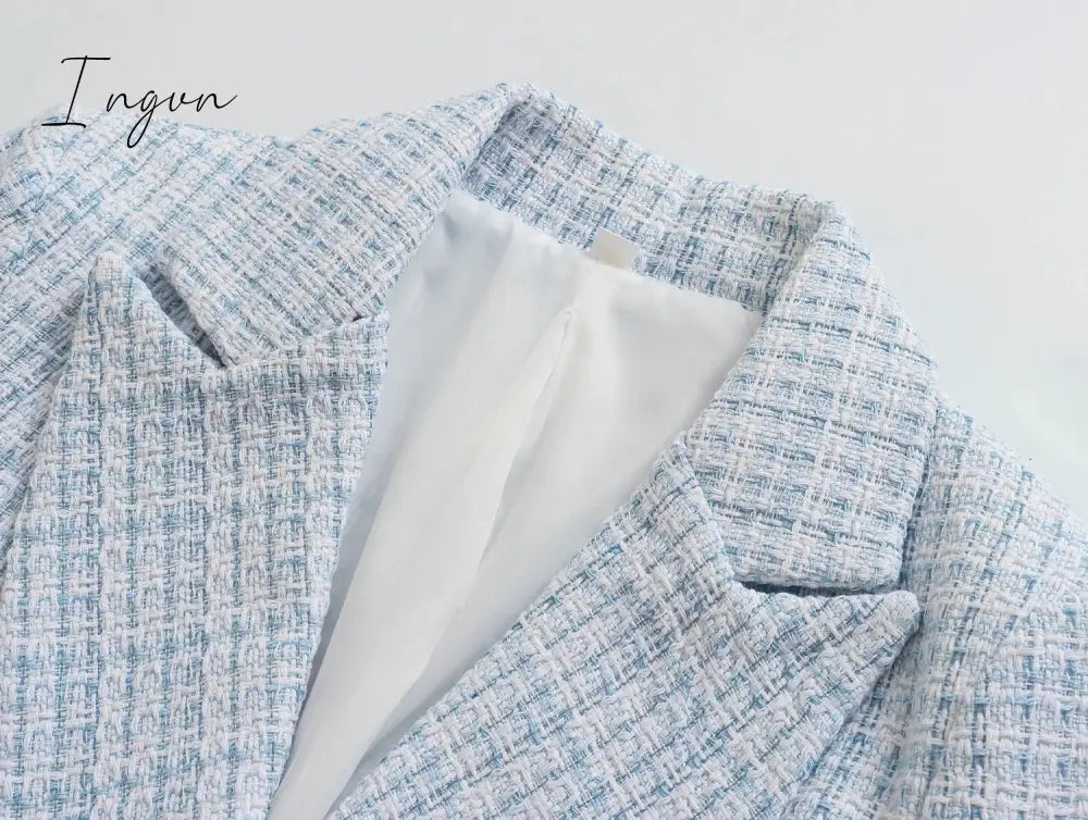 Ingvn - Fashion Casual Double Breasted Tweed Women Blazer Coat New Long Spring Autumn Jackets Coats Female Chic Office Lady Tops