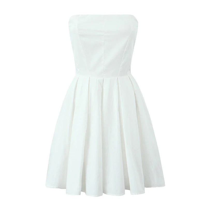 Women Pleated Hem Red Strapless Dress Sexy Elegant Christmas Party Mini Dress Female Fit And Flare Pretty Birthday Robe