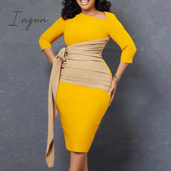 Ingvn - Autumn Fashion Elegant Colorblock Lace-Up Dress Women Office Ladies OL Colorblock Slim Dress Women