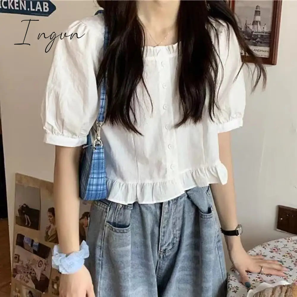 Ingvn - Ruffles Cute Shirt Women Button Up Shirt Summer Blouse 2023 High Waist Puff Sleeve Crop Top Pretty White Youth Clothing Elegant