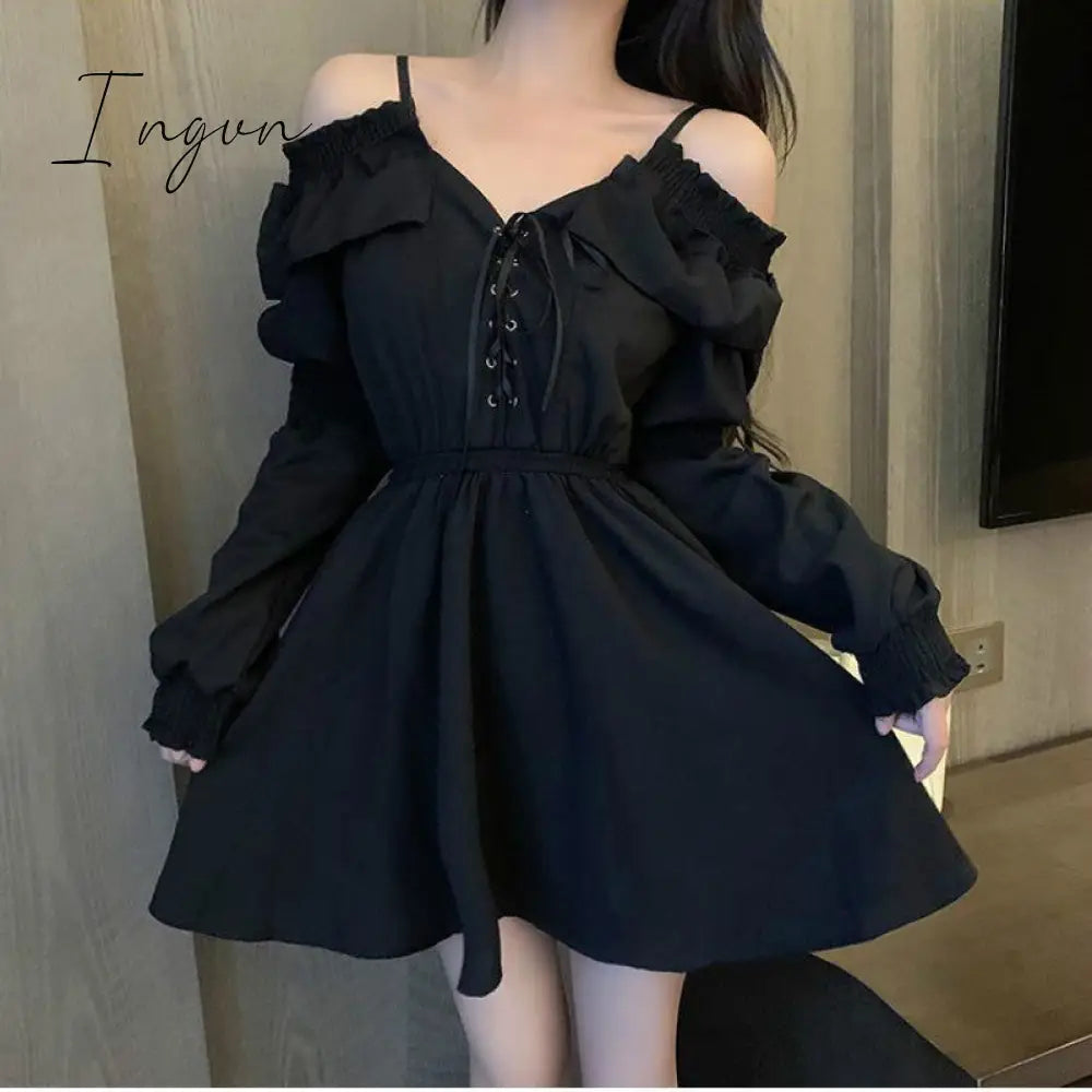 Ingvn - Gothic Black Dress Women Casual Button Lace Evening Party Sexy Mini Dress Female Long Sleeve One-piece Dress Korean Autumn