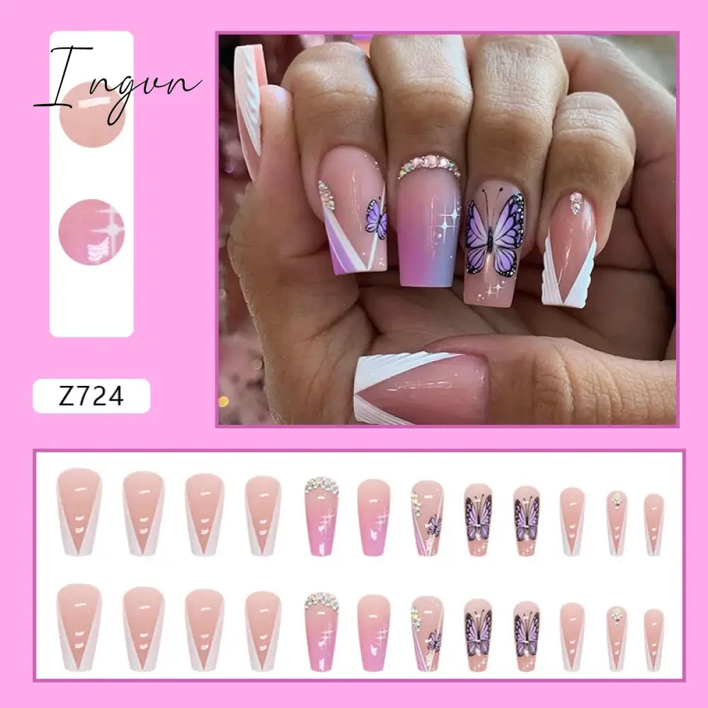 24pcs/Box Gradient Nail Art Patches False Nails Short Square Nail Blue Starry Glitter Teardrop Diamond Fake Nail Tips